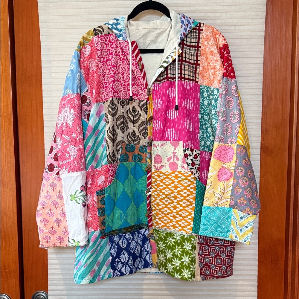 Colorful button up Patchwork Hooded Jacket L/XL